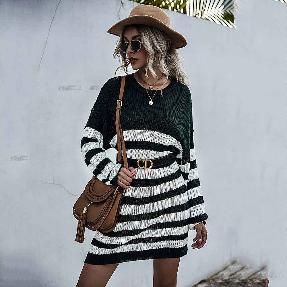 Sweater Dress Women Autumn Winter Casual Patchwork Striped Long Sleeve Knitted Womens Clothes Loose Fitted Dresses  Fashion - SunLify