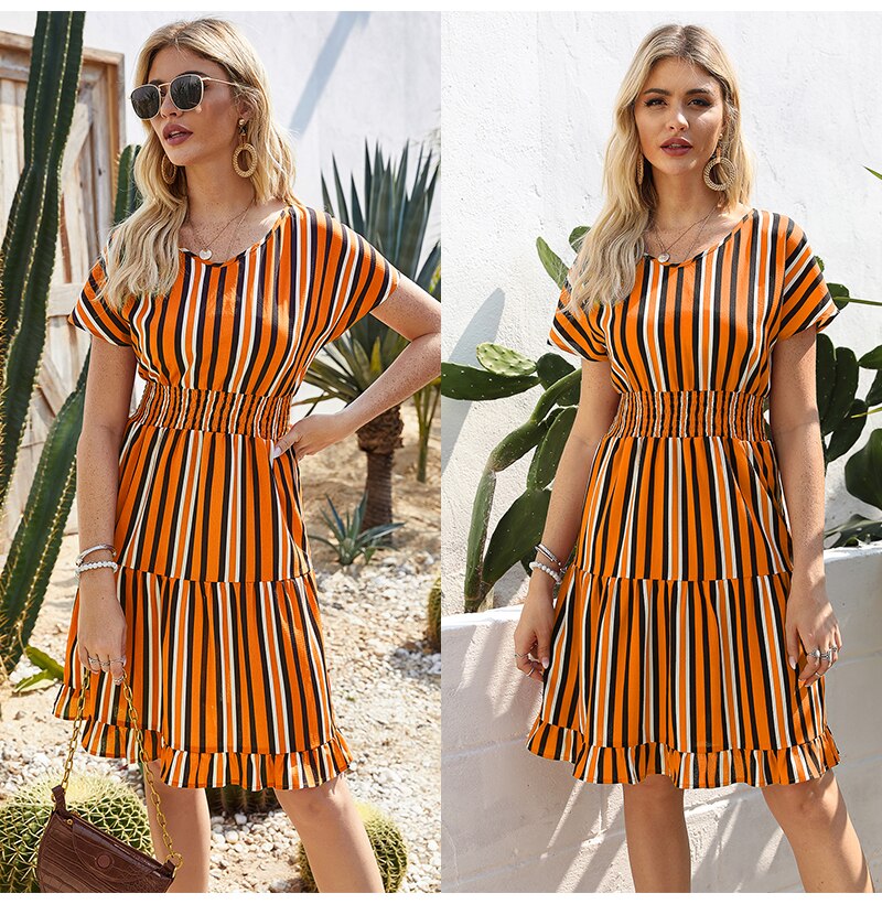 Womens Dresses Summer Casual Stitching Striped Ruffle Sundress Ladies Waisted Fitted Clothing  Trendy Red Dresses For Women - SunLify