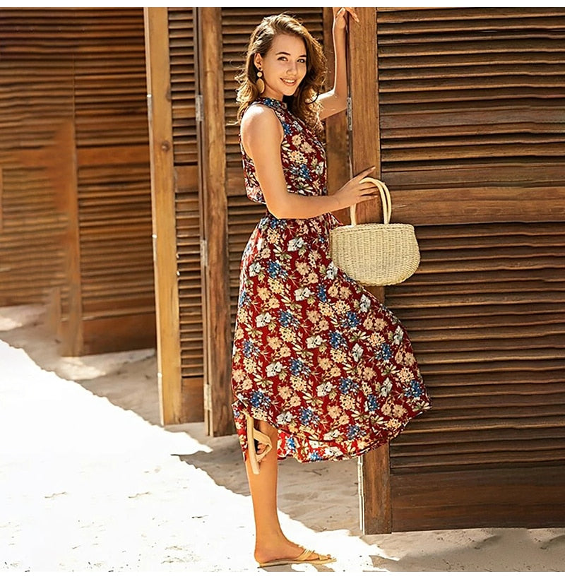 Long Dress Women Casual Summer Floral Midi Sundresses Elegant Ladies Flower Fitted Beach Tunic Clothing  Red Clothes Women - SunLify