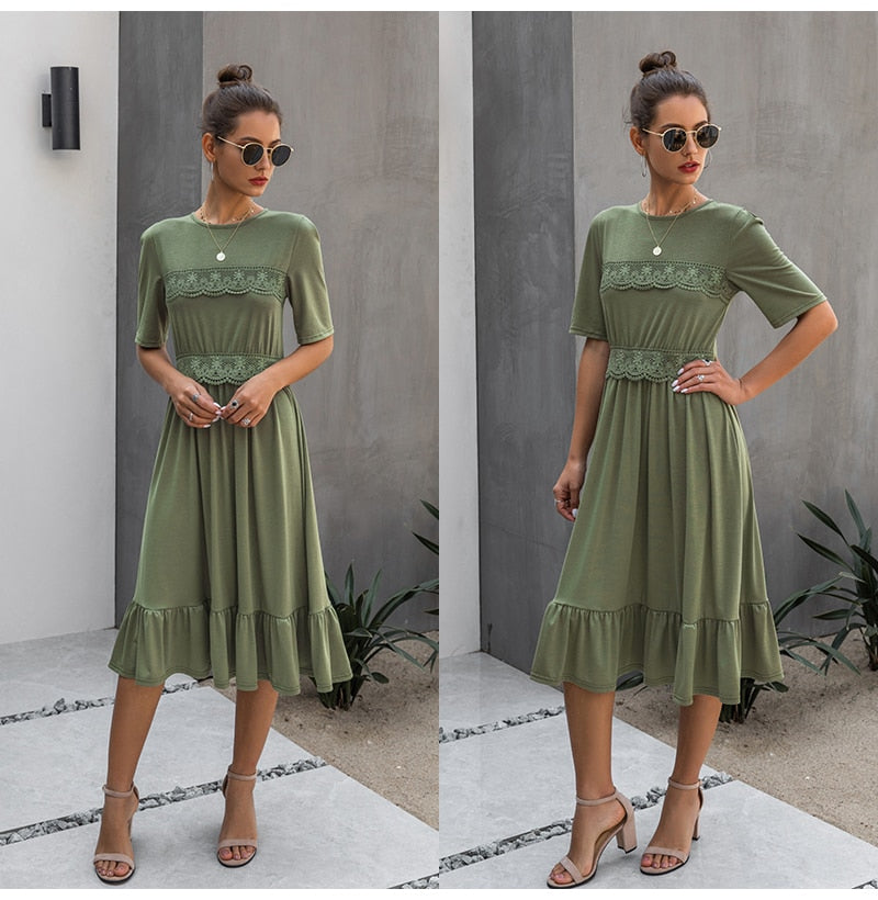 Women Midi Dress T-shirt Summer Black Lace Patchwork Ruffle Ruched Long Dresses Green Casual Ladies Fitted Clothes  Everyday - SunLify