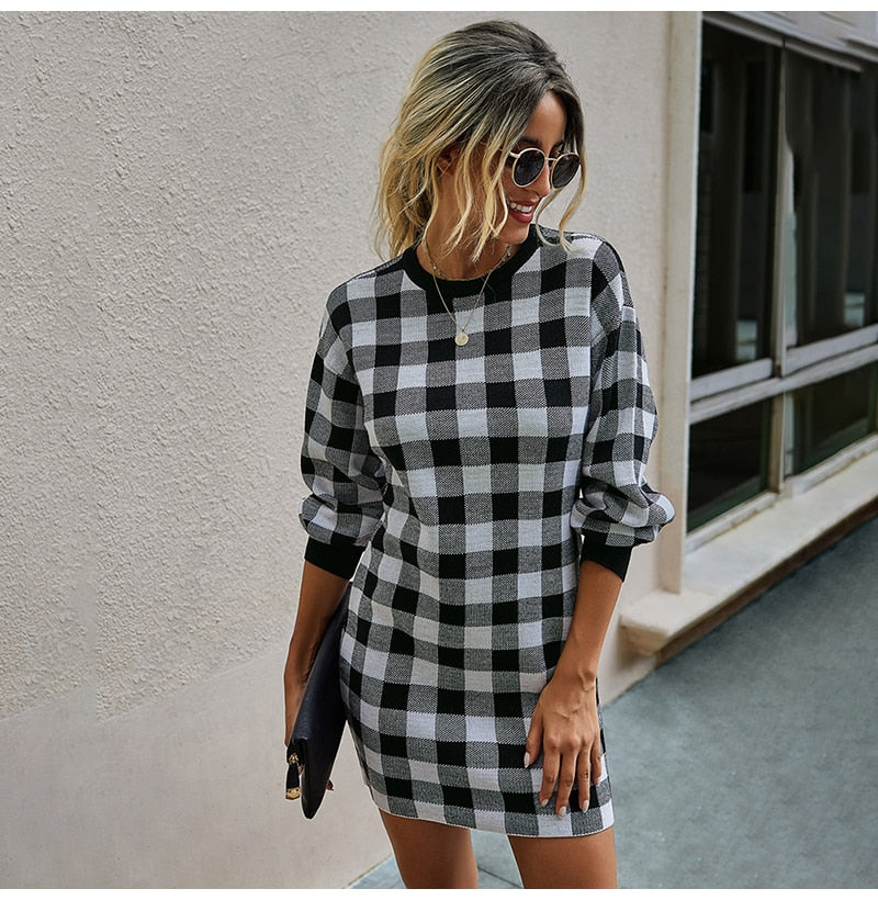 Sweater Dress Women Autumn Winter Elegant Office Plaid Long Sleeve Knit Clothes Slim Fit Black Ladies Dresses New Arrival - SunLify