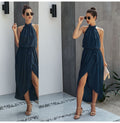 Long Dress Women Halter Sexy Backless Front Slit Ladies Elegant Summer Midi Dresses Party Night Fitted Clothes Blue  Fashion - SunLify