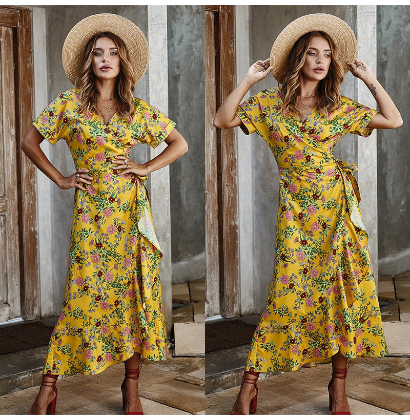 Long Dress Summer Women Casual Floral Ruffle Dresses Lace-Up Cardigan New Arrival  Flower Fitted Midi Clothes Red For Women - SunLify