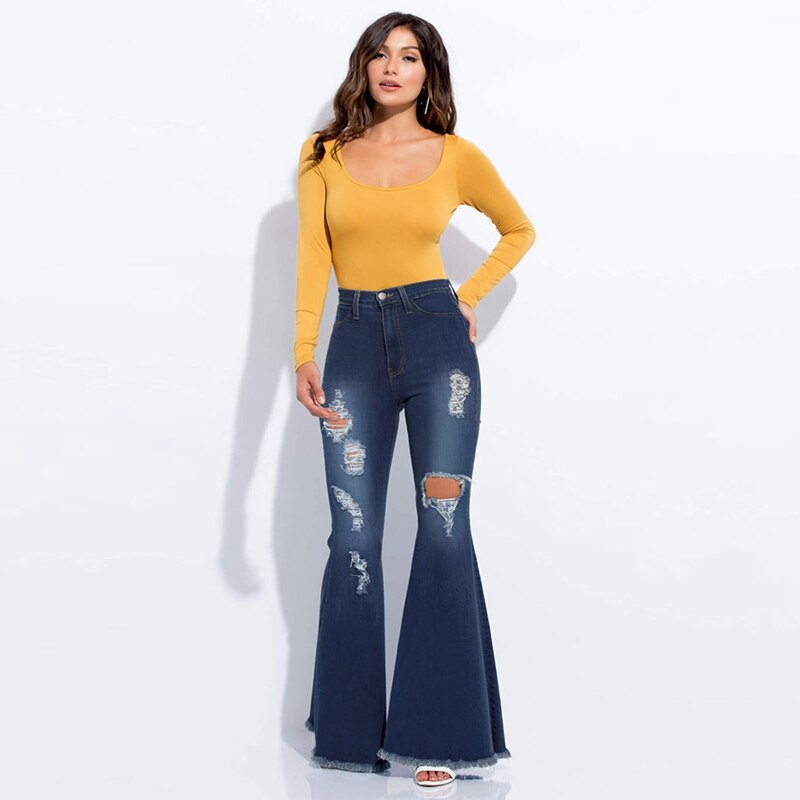 Fashion High Waist Denim Flare Pants Women Retro Ripped Jeans Wide Leg Trousers Ladies Casual Bell-Bottoms Female Skinny Jeans - SunLify