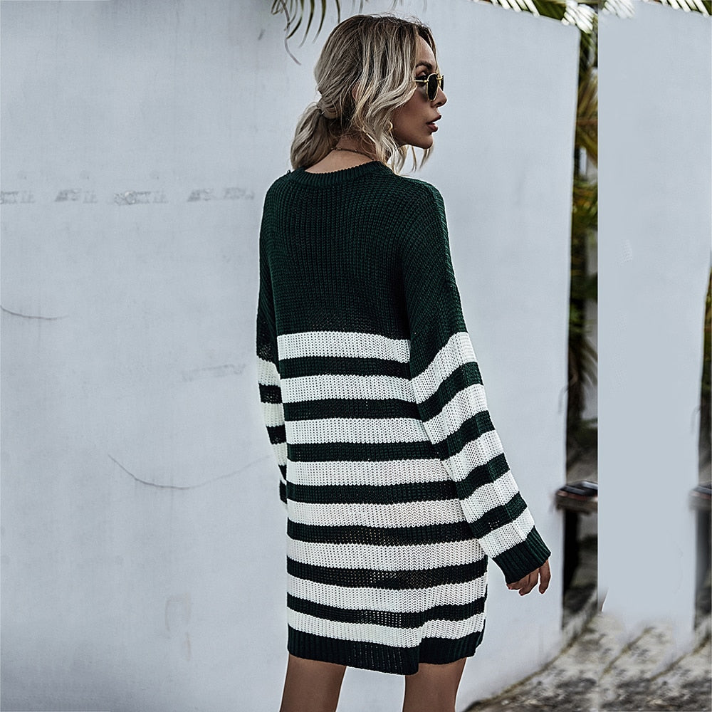 Sweater Dress Women Autumn Winter Casual Patchwork Striped Long Sleeve Knitted Womens Clothes Loose Fitted Dresses  Fashion - SunLify