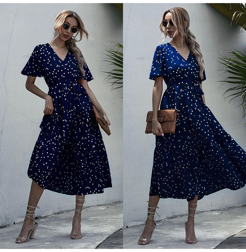 Long Dress Women Summer Casual Polka-dot Floral Print Midi Sundresses Black Elegant Fitted Clothing  Red Dresses For Women - SunLify