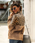 Lossky Winter Sweatshirt Leopard Patchwork Women Long Sleeve Pockets Ladies Plush Tops Zipper Pullover Warm Clothing Female - SunLify