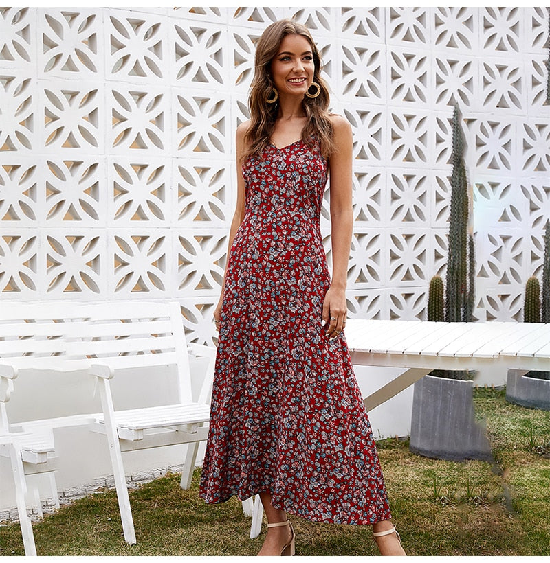 Long Dress Summer Vintage Flower Floral Backless Slip Sundress Women Casual Fitted Midi Clothes Red  Spaghetti Strap Dresses - SunLify