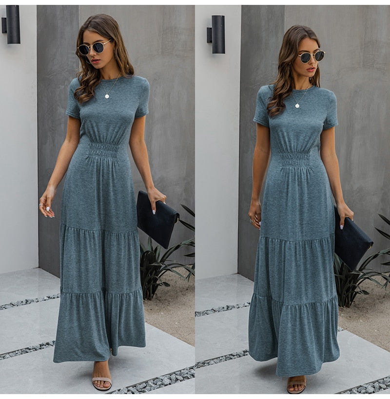 Long Robes T-shirt Dress Women Elegant Ruched A-Line Dresses Casual Ladies Summer Fitted Clothing  Maxi Dresses For Women - SunLify