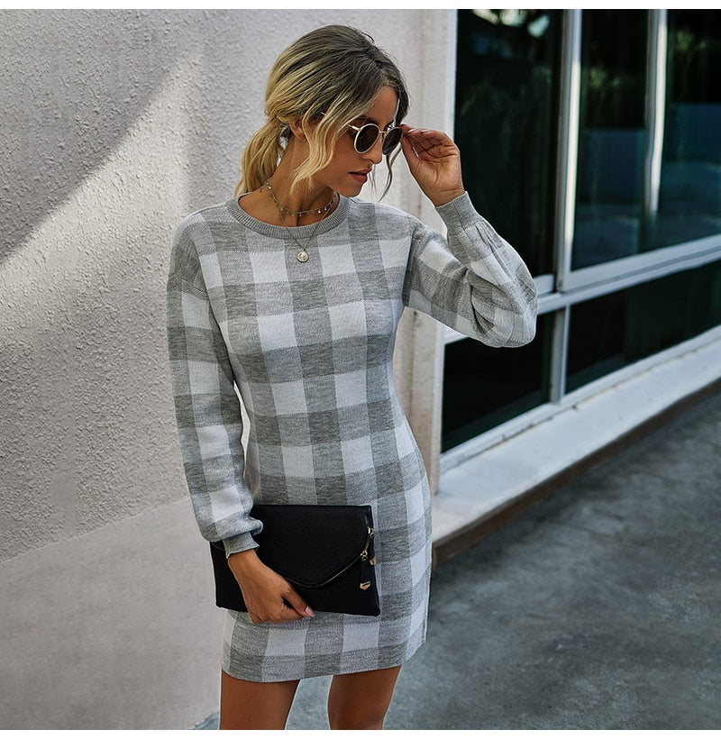 Sweater Dress Women Autumn Winter Elegant Office Plaid Long Sleeve Knit Clothes Slim Fit Black Ladies Dresses New Arrival - SunLify