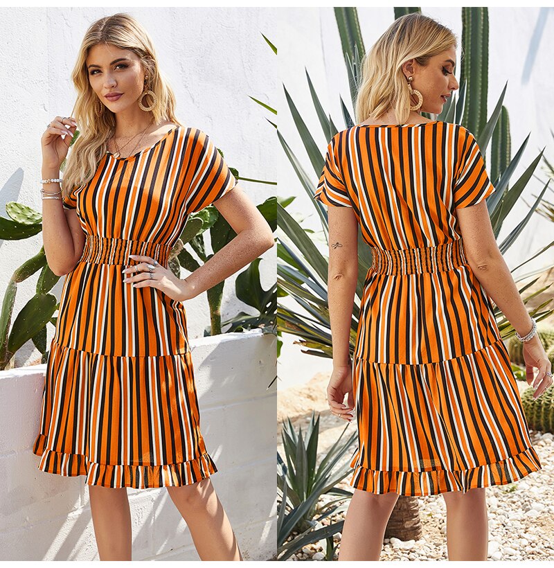 Womens Dresses Summer Casual Stitching Striped Ruffle Sundress Ladies Waisted Fitted Clothing  Trendy Red Dresses For Women - SunLify