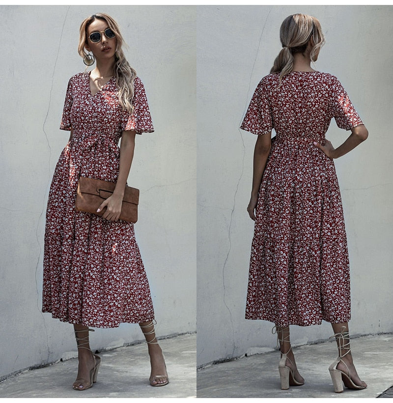 Long Dress Women Summer Casual Polka-dot Floral Print Midi Sundresses Black Elegant Fitted Clothing  Red Dresses For Women - SunLify