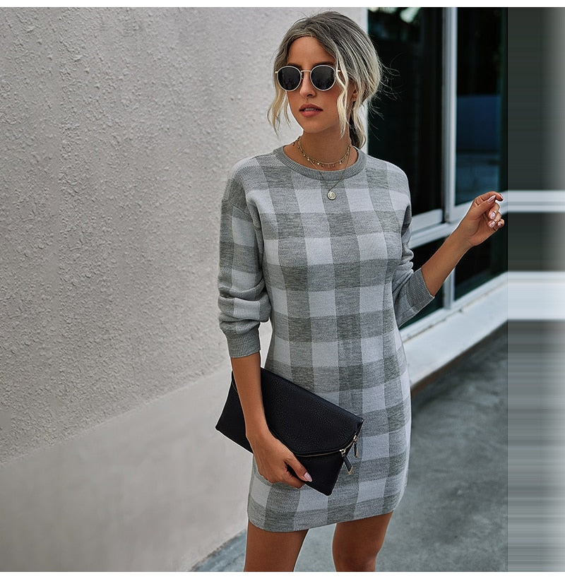 Sweater Dress Women Autumn Winter Elegant Office Plaid Long Sleeve Knit Clothes Slim Fit Black Ladies Dresses New Arrival - SunLify