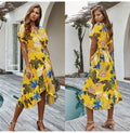 Pink Midi Dress Women Summer Casual Print Ruffle Holiday Long Sundress Ladies Yellow Fitted Clothes Lacing-up  Women Outfits - SunLify