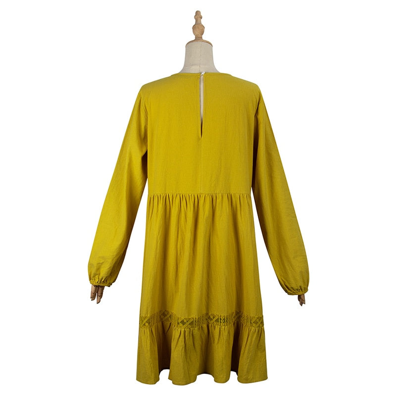 Woman Dress Autumn Winter Casual Lace Stitching Yellow Long Sleeve Loose Vintage Dresses For Women Clothes  Ladies - SunLify