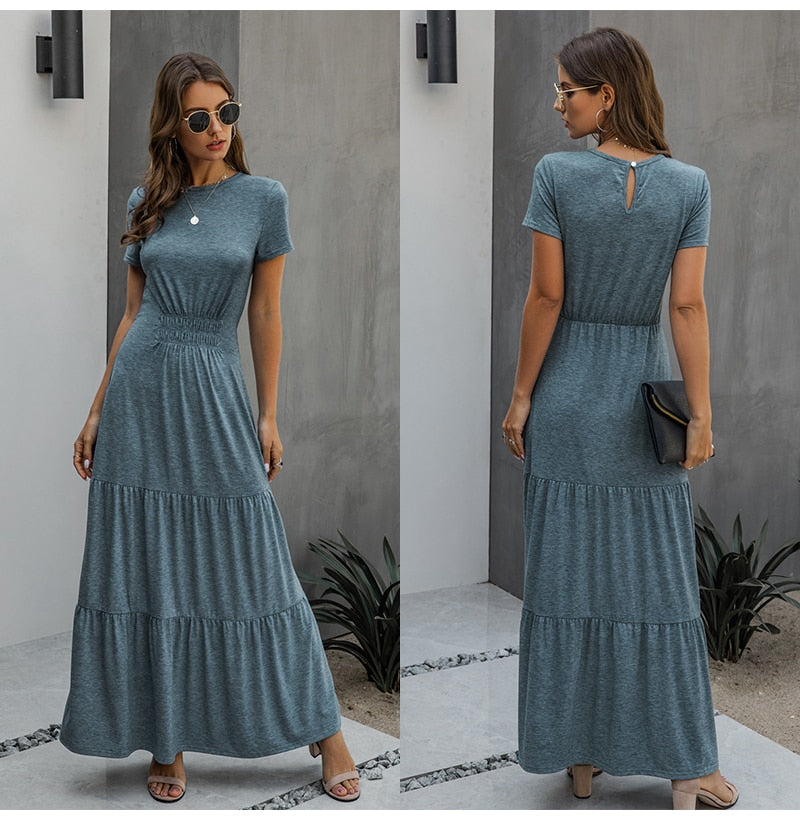 Long Robes T-shirt Dress Women Elegant Ruched A-Line Dresses Casual Ladies Summer Fitted Clothing  Maxi Dresses For Women - SunLify