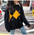 Women Sweater Autumn Winter Long Sleeve Top Korean Fashion Preppy Style Black Knitted Argyle Pullover Sweaters  Fall Clothes - SunLify