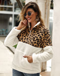 Lossky Winter Sweatshirt Leopard Patchwork Women Long Sleeve Pockets Ladies Plush Tops Zipper Pullover Warm Clothing Female - SunLify