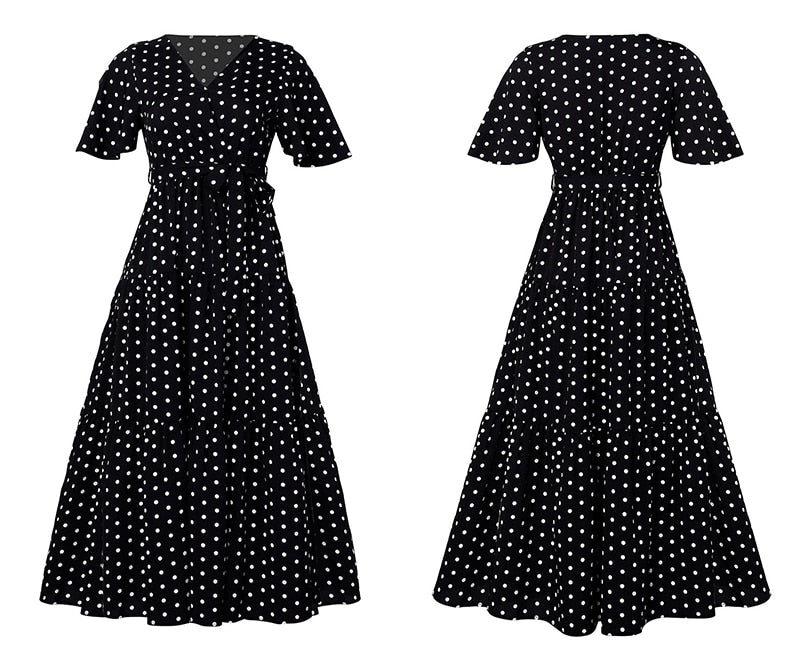 Long Dress Women Summer Casual Polka-dot Floral Print Midi Sundresses Black Elegant Fitted Clothing  Red Dresses For Women - SunLify