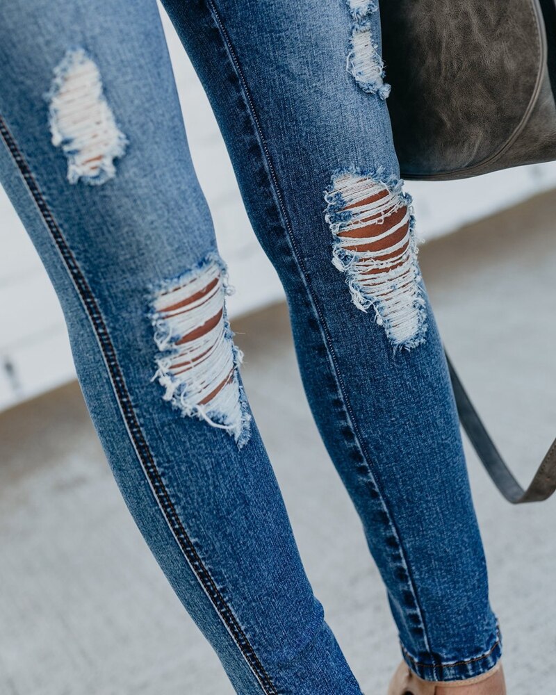 Autumn push up denim jeans Women Fashion Hole Hollow Out Blue Ripped skinny calca jeans Streetwear ladies Vintage Denim Pants - SunLify