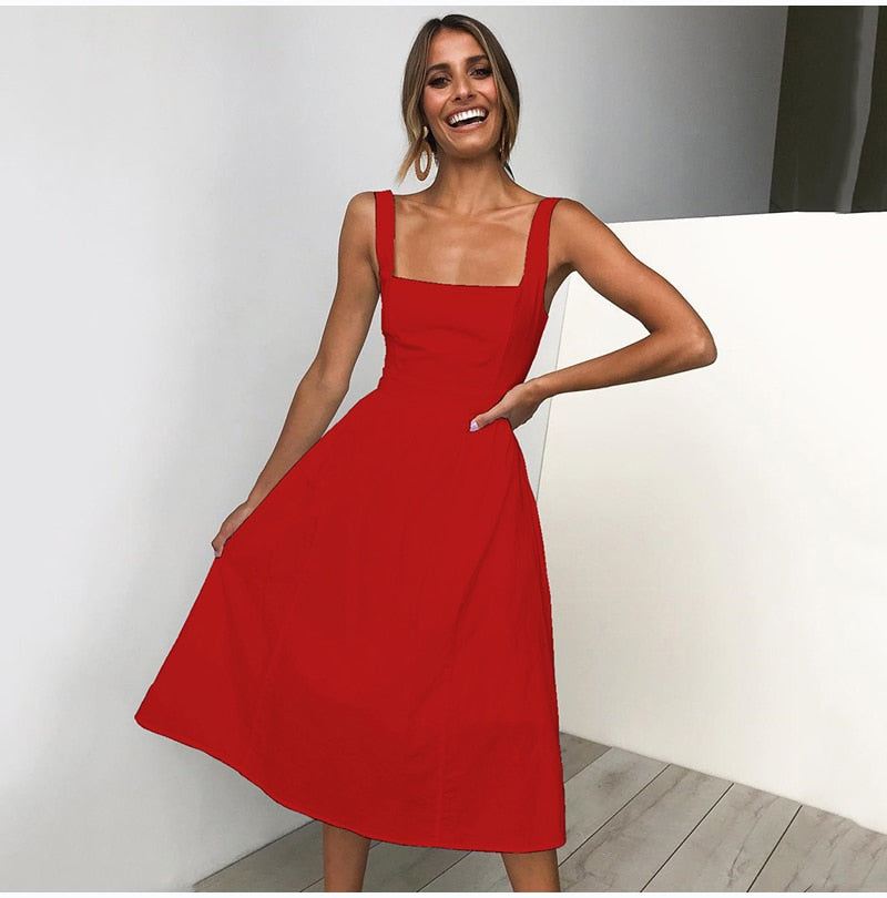 Lossky Casual Solid Dress Women Midi Long Summer Sexy Backless Slip Dresses Ruched Fashion Elegant Party Clothes Leisure - SunLify