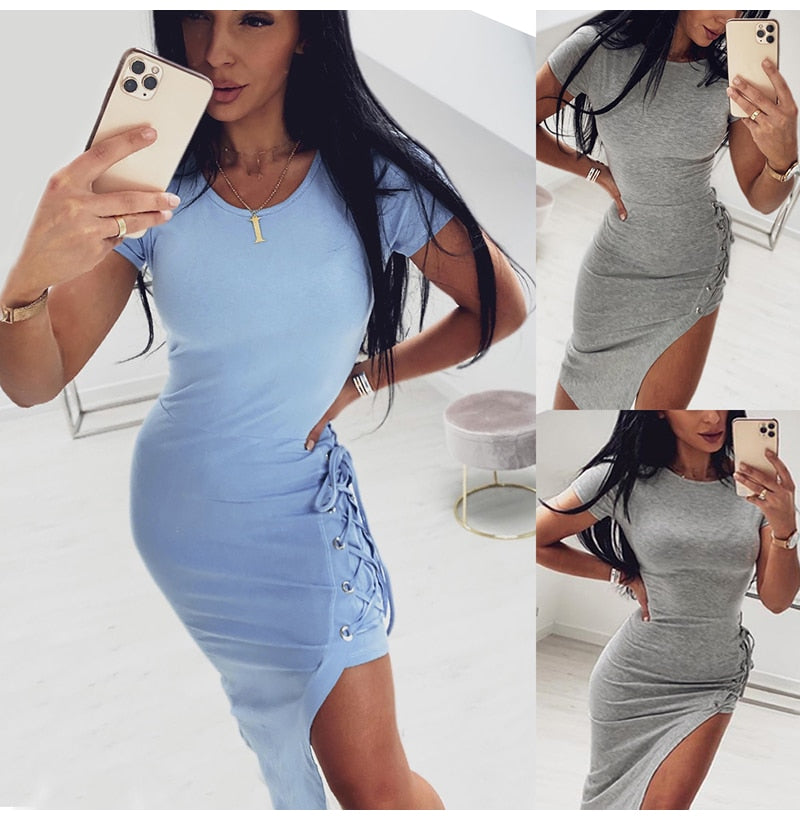 Tshirt Long Dress Summer Womens Blue Bandage Side Split Clothing Ladies Grey Tight Bodycon Midi  Dresses For Women Summer - SunLify