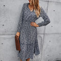 Long Dress Autumn Spring Casual Green Long Sleeve Floral Print Ruched Dresses New Arrival Fall Clothes For Women  Fashion - SunLify