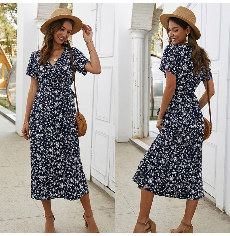 Summer Long Dress Women Casual Floral Print Midi Sundresses Bow Belt Ladies Fitted Everyday Clothes  Red Dresses For Women - SunLify