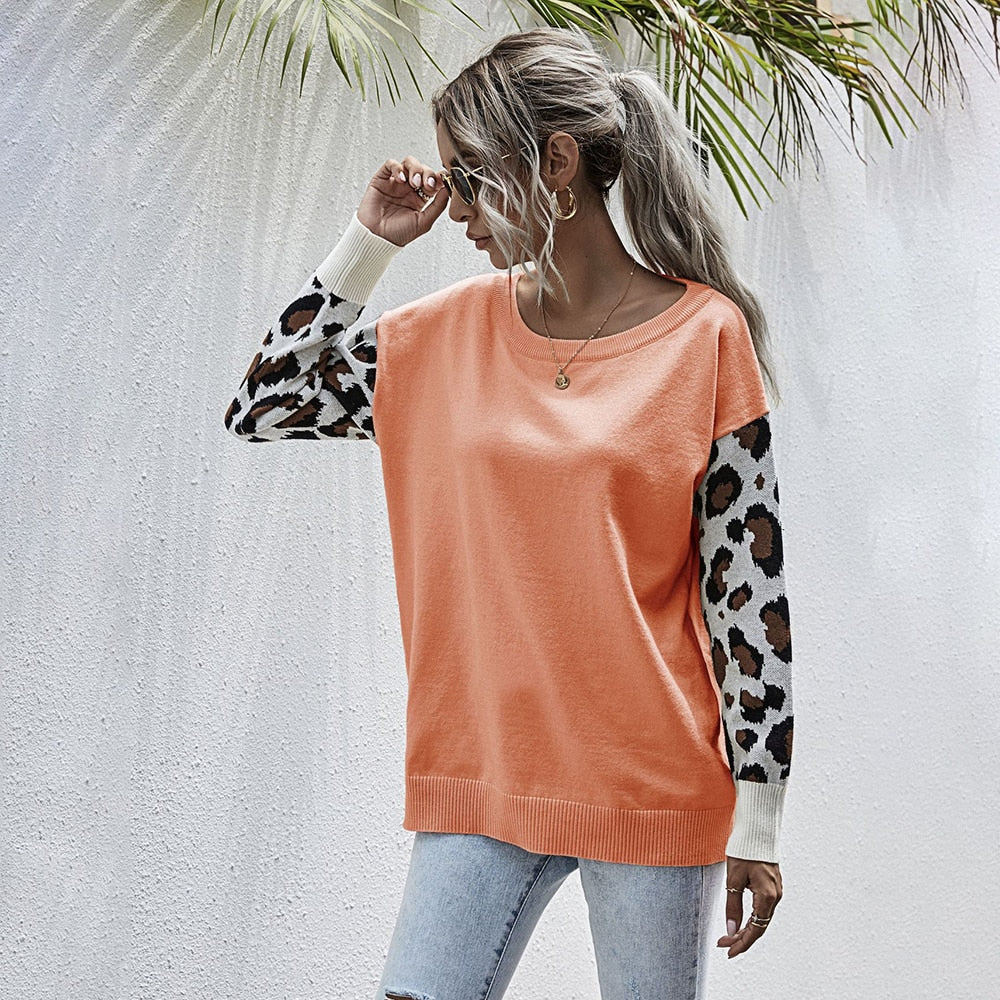 Sweater Autumn Winter Patchwork Leopard Long Sleeve Knit Womans Clothes Loose Pullover Sweaters For Women  Fall Fashion Tops - SunLify