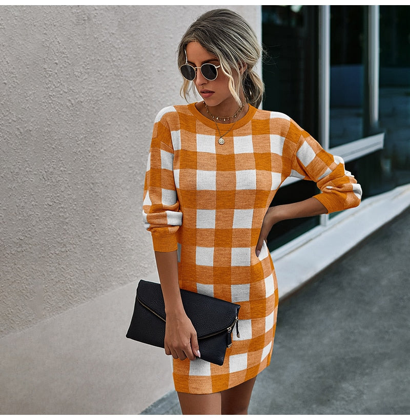 Sweater Dress Women Autumn Winter Elegant Office Plaid Long Sleeve Knit Clothes Slim Fit Black Ladies Dresses New Arrival - SunLify