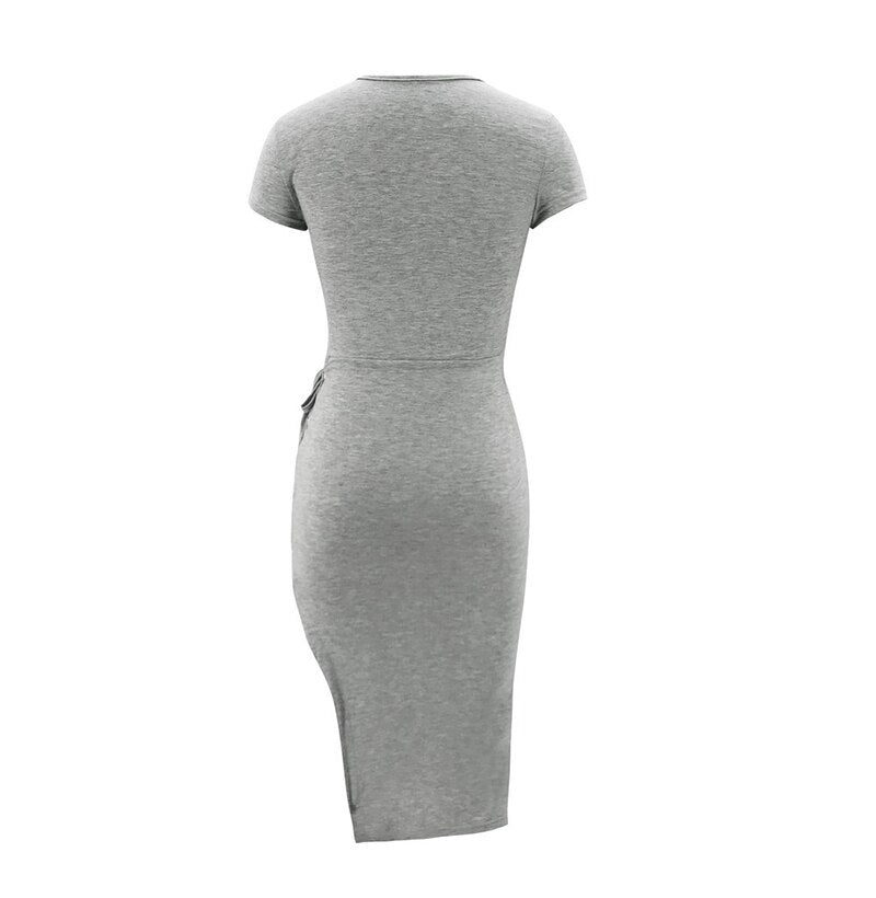 Tshirt Long Dress Summer Womens Blue Bandage Side Split Clothing Ladies Grey Tight Bodycon Midi  Dresses For Women Summer - SunLify