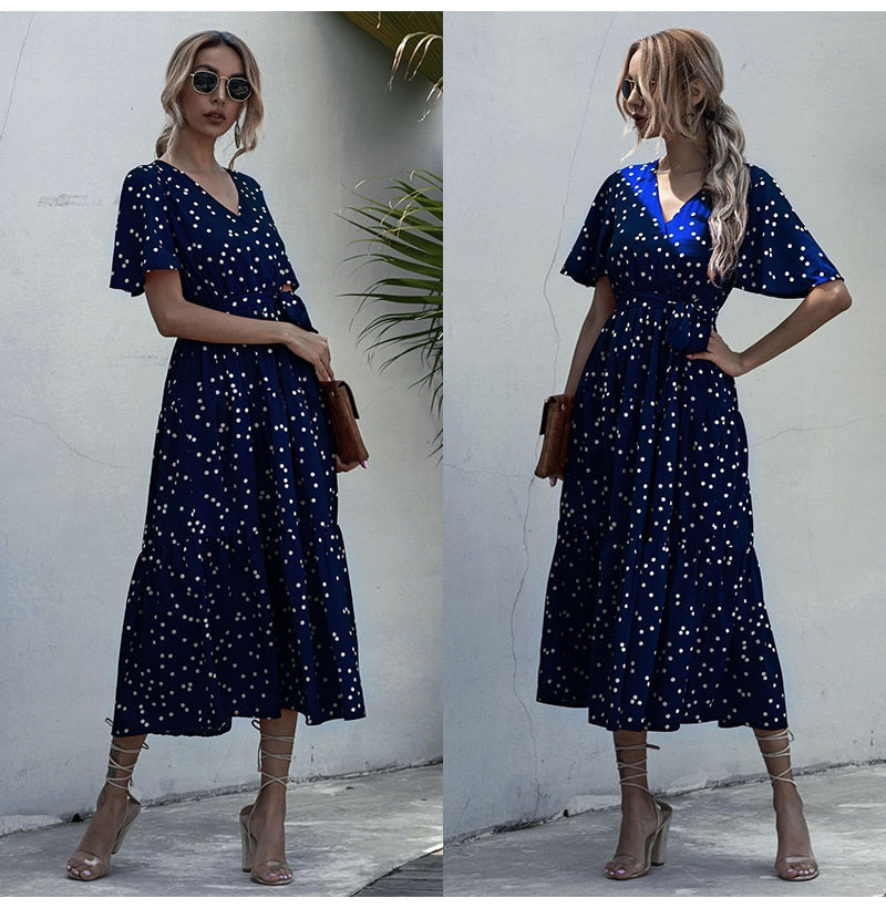 Long Dress Women Summer Casual Polka-dot Floral Print Midi Sundresses Black Elegant Fitted Clothing  Red Dresses For Women - SunLify