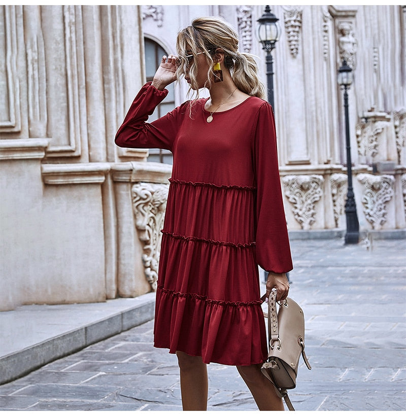 Woman Dress Autumn Spring Ruffle Ruched Cake Clothes Casual Pure Long Sleeve Loose Fit Knitted Womens Dresses Fall  Fashion - SunLify