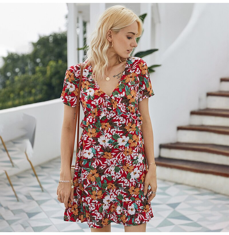 Women Dresses Summer Casual Ladies Floral Flower Print Ruffle Mini Dress Red A Line Womens Clothes Black  Fashion Vacation - SunLify