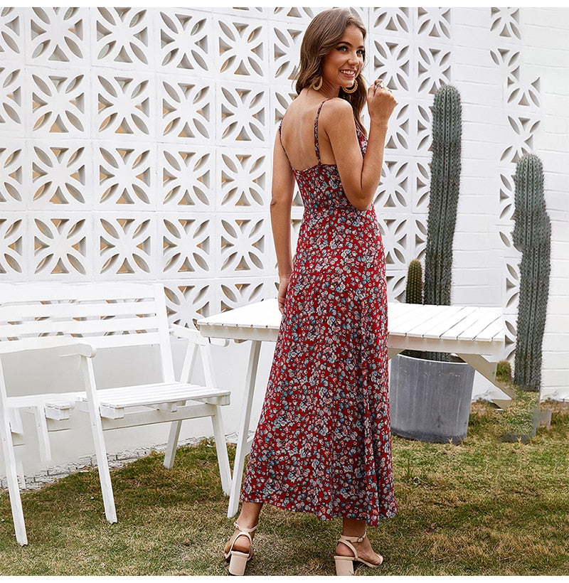 Long Dress Summer Vintage Flower Floral Backless Slip Sundress Women Casual Fitted Midi Clothes Red  Spaghetti Strap Dresses - SunLify