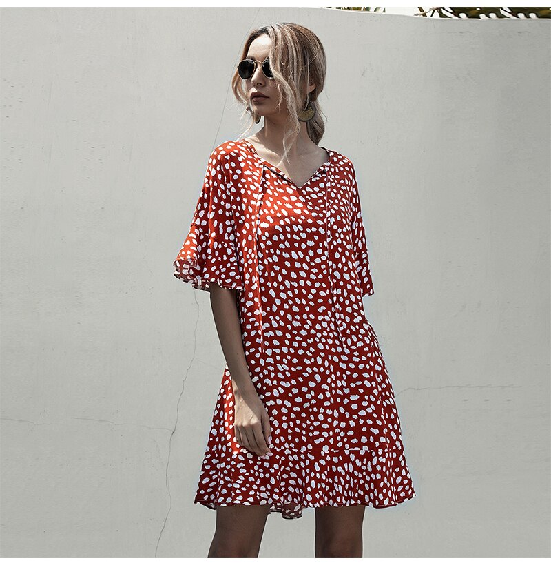Summer Dress Women Leopard Print Floral Ruffle A Line Casual Fit Loose Half Sleeve Clothing  Vacation Red Dresses For Women - SunLify