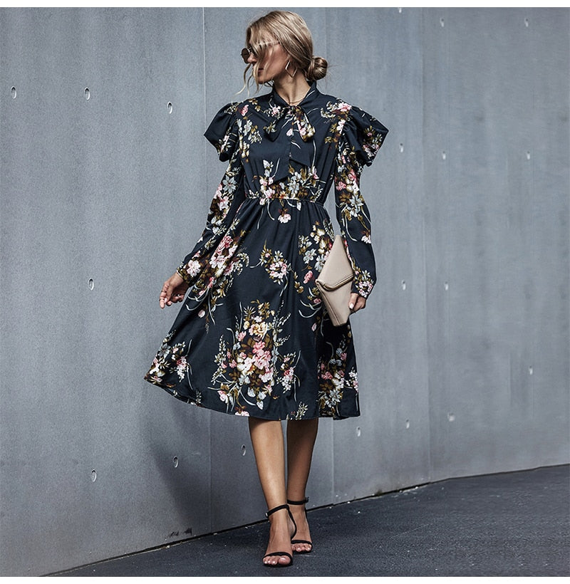 Woman Long Dress Vintage Floral Flower Long Sleeve Autumn Clothes Elegant Ladies Black Puff Sleeve Bow Dresses New Arrival - SunLify