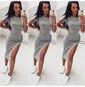 Tshirt Long Dress Summer Womens Blue Bandage Side Split Clothing Ladies Grey Tight Bodycon Midi  Dresses For Women Summer - SunLify