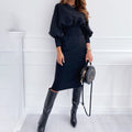 Long Dress Autumn Winter Fashion Elegant Office Ladies Solid Black Long Sleeve Dresses For Women Clothes New Arrival  Fall - SunLify