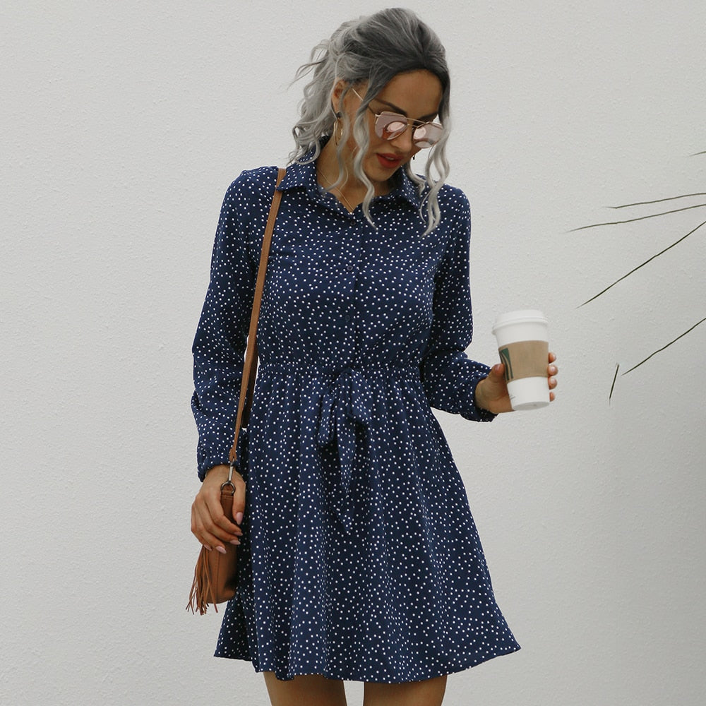 Button Up Shirt Dress Autumn Spring Casual Dot Print A-Line Dresses Elegant Floral Slim Sashes Fall  Womens Clothing Fashion - SunLify