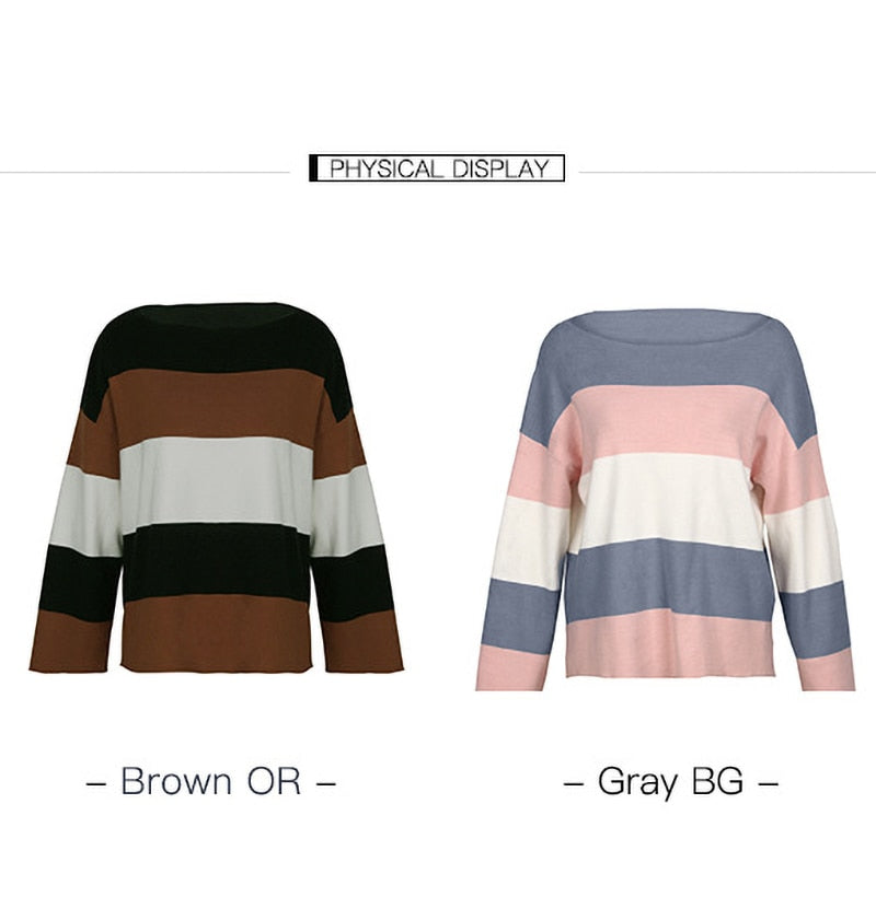 Knitted Sweater Ladies Striped Stitching Long Sleeve Pullover Sweaters Tops Fashion Autumn Winter Clothes Jumper Knitwear Women - SunLify