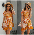 Dress Women Boho Summer Ruffle Pink Mini Short Sundress Bow Lacing-up Fitted Casual Ladies Bohemian Flower Clothing Yellow - SunLify