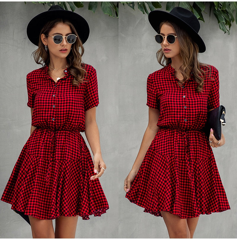 Lossky Women Cotton Mini Dress Fashion Summer Plaid Snake Short Sleeve Casual Ruched Short Nice Shirt Dress Clothes Elegant - SunLify