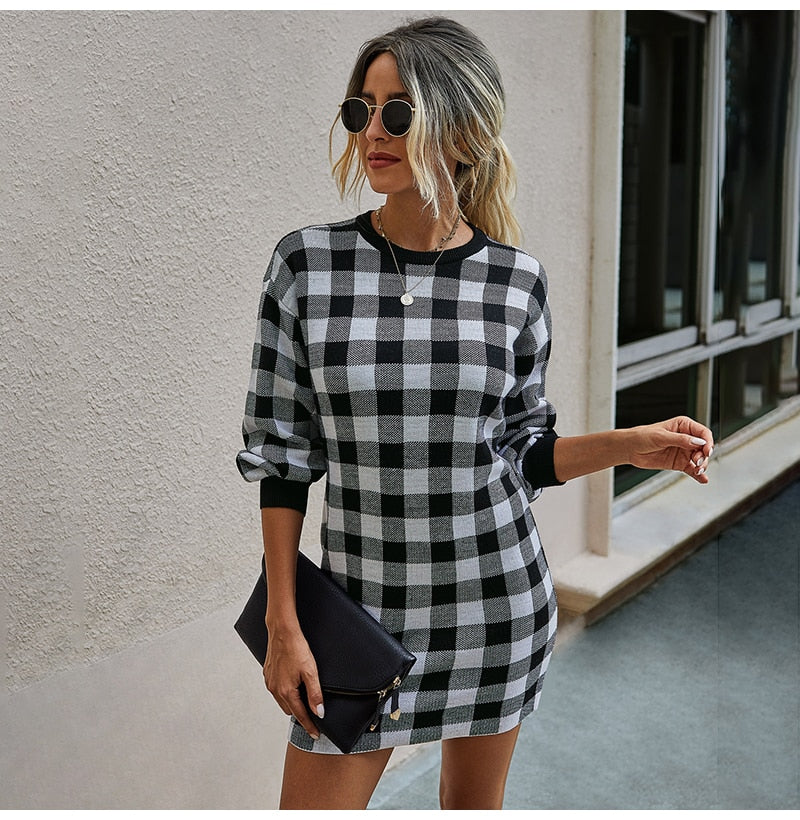 Sweater Dress Women Autumn Winter Elegant Office Plaid Long Sleeve Knit Clothes Slim Fit Black Ladies Dresses New Arrival - SunLify