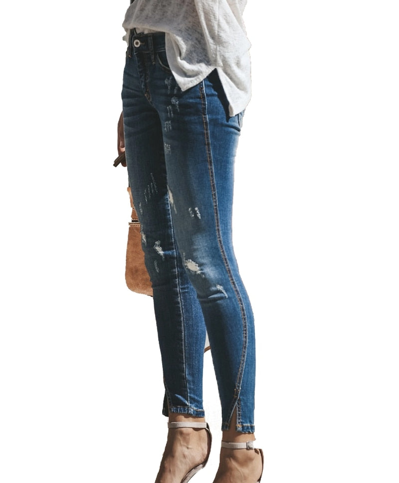 Ripped Scratched Mid Waist Retro Jeans for Women Mom Jeans Denim Pants skinny Hole Boyfriend Jeans Trousers New split Jeans - SunLify