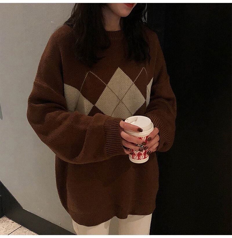 Women Sweater Autumn Winter Long Sleeve Top Korean Fashion Preppy Style Black Knitted Argyle Pullover Sweaters  Fall Clothes - SunLify