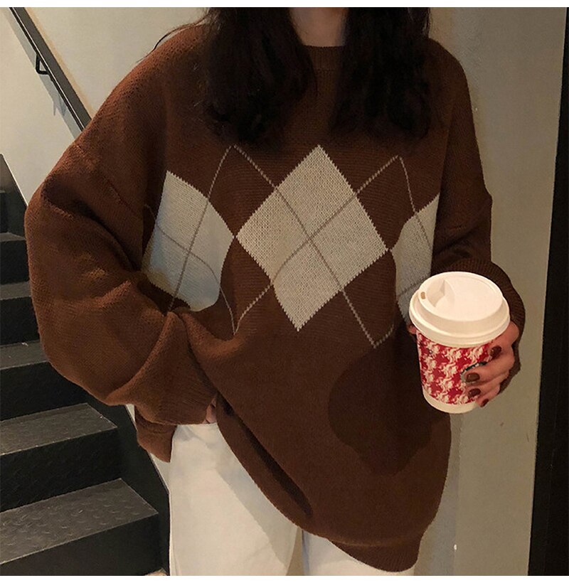 Women Sweater Autumn Winter Long Sleeve Top Korean Fashion Preppy Style Black Knitted Argyle Pullover Sweaters  Fall Clothes - SunLify