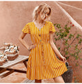 Dress Women Summer Striped Ruffle Mini Dresses Button Casual Fitted Womens Clothing Pink Soft Girl  Trendy Yellow Clothes - SunLify