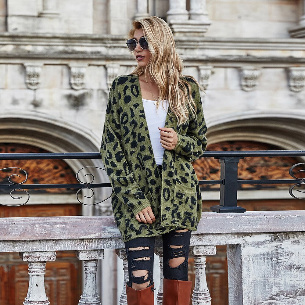 Green Long Cardigan Jacket Autumn Winter Clothes Women Loose Long Sleeve Leopard Knitted Cardigans Tops  Sweaters For Women - SunLify