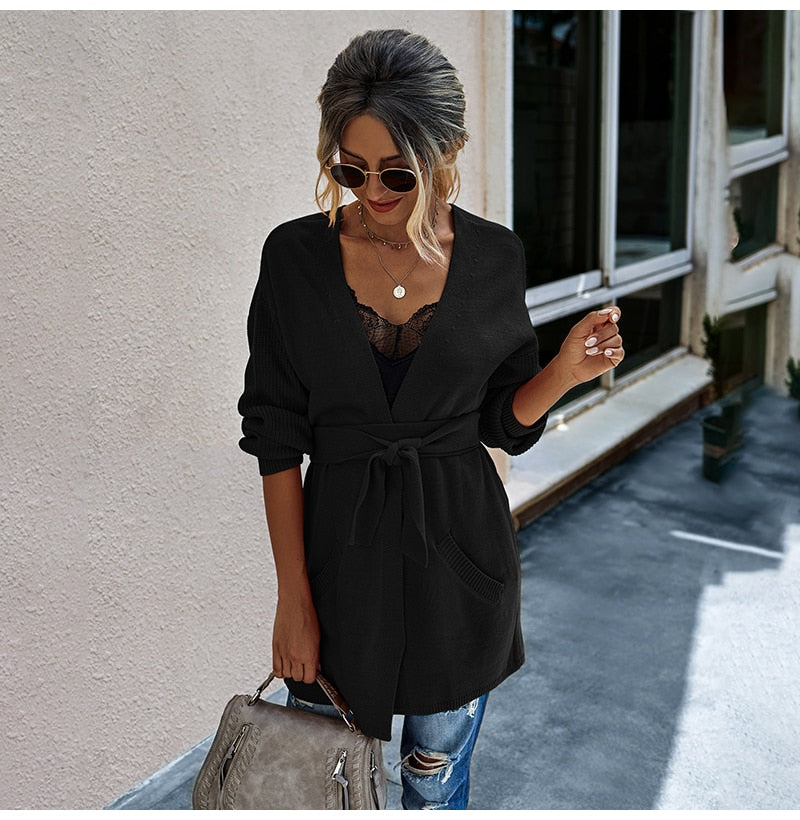 Long Cardigan Women Autumn Winter French Clothes Elegant Ladies Long Sleeve V Neck Knit Black Sweater Tops Belt  Jacket Coat - SunLify